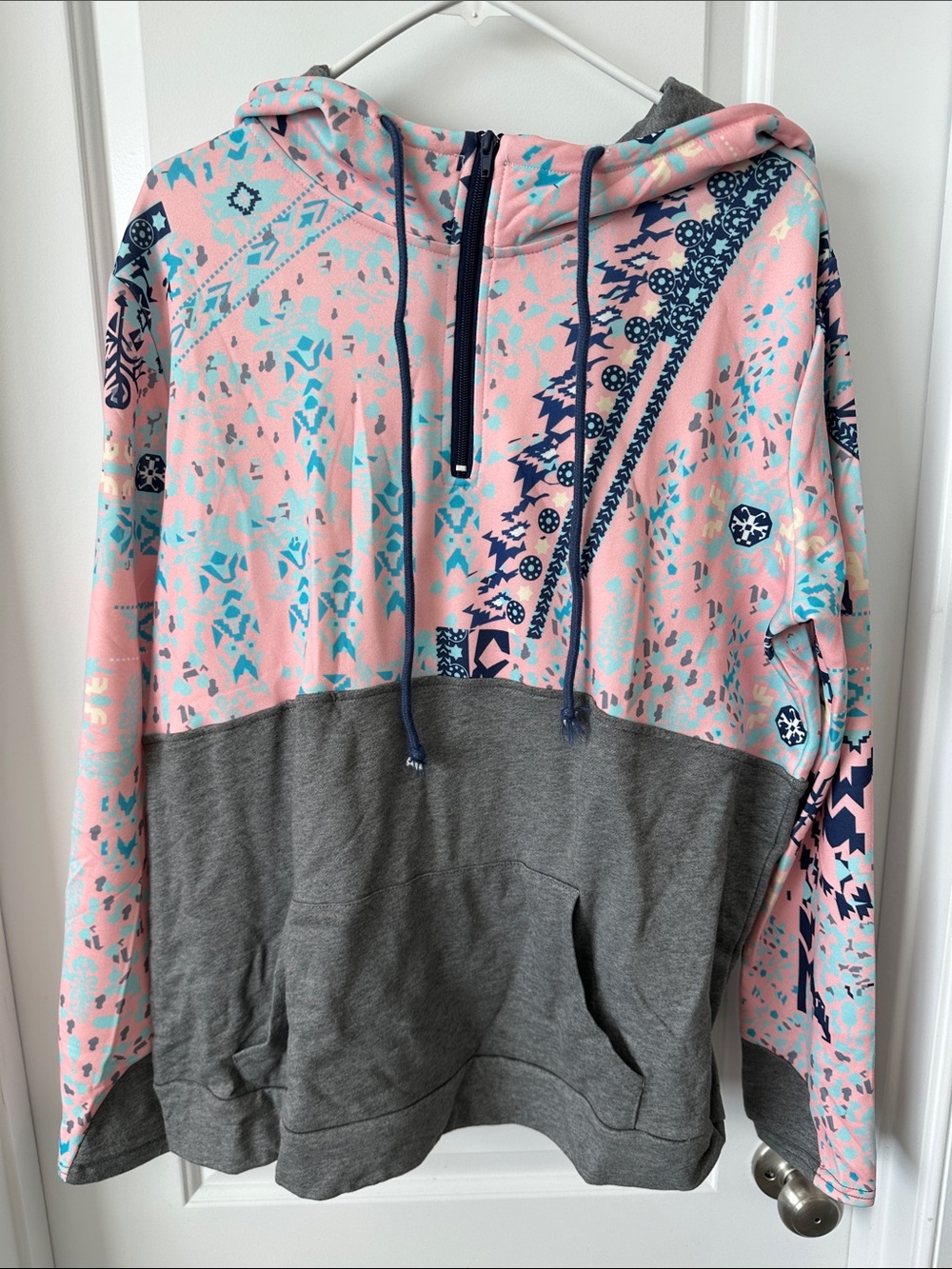 Pink & Teal Patterned Hooded Pullover with Gray Bottom